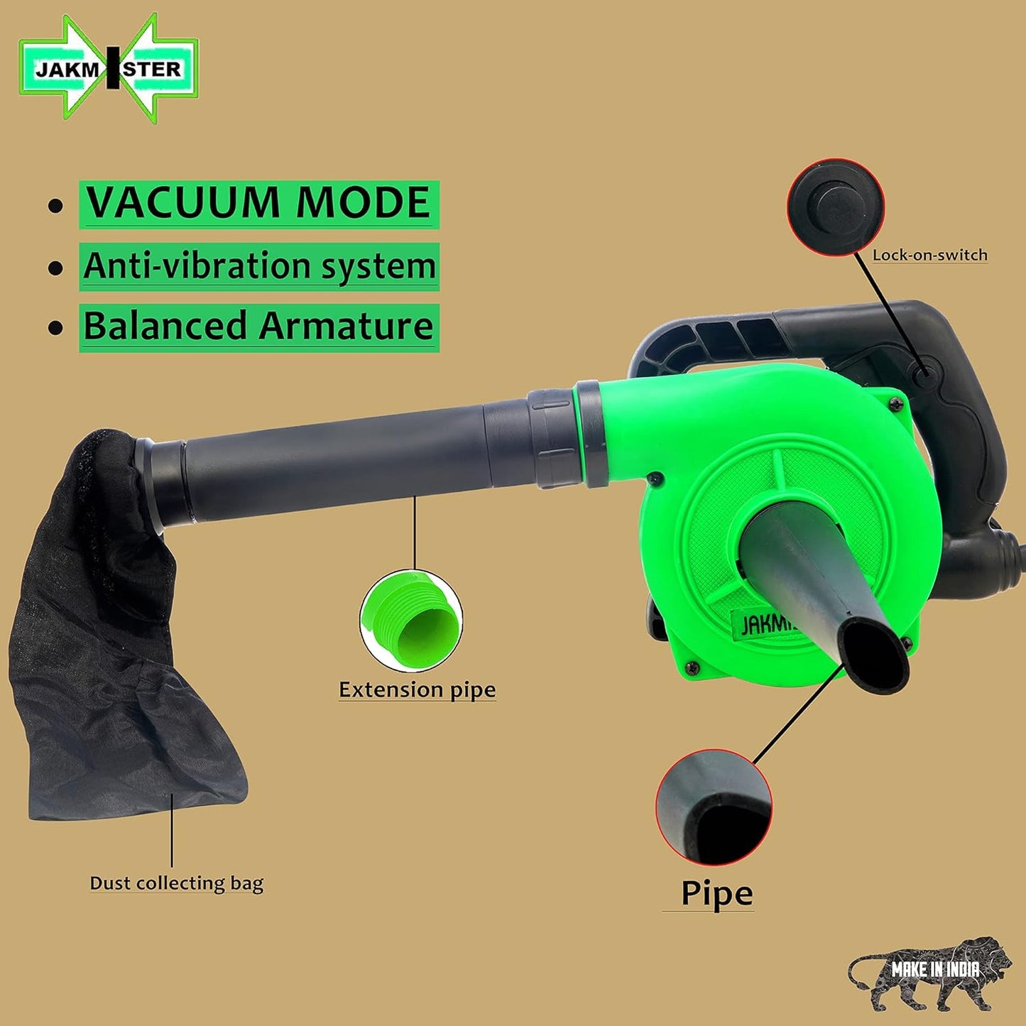 Jakmister (AIR Speed Controller -Anti Vibration) 800 Watts/ 17000rpm/100% copper/60mins Continuous Operation Air Blower for Cleaning Dust Cleaner Machine with Vacuum with Extension Pipe