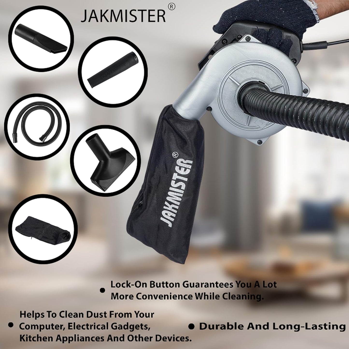 Jakmister Vacuum Suction Pipe- 950 Watts Silver Unbreakable Heavy Duty Air Blower with Attachments